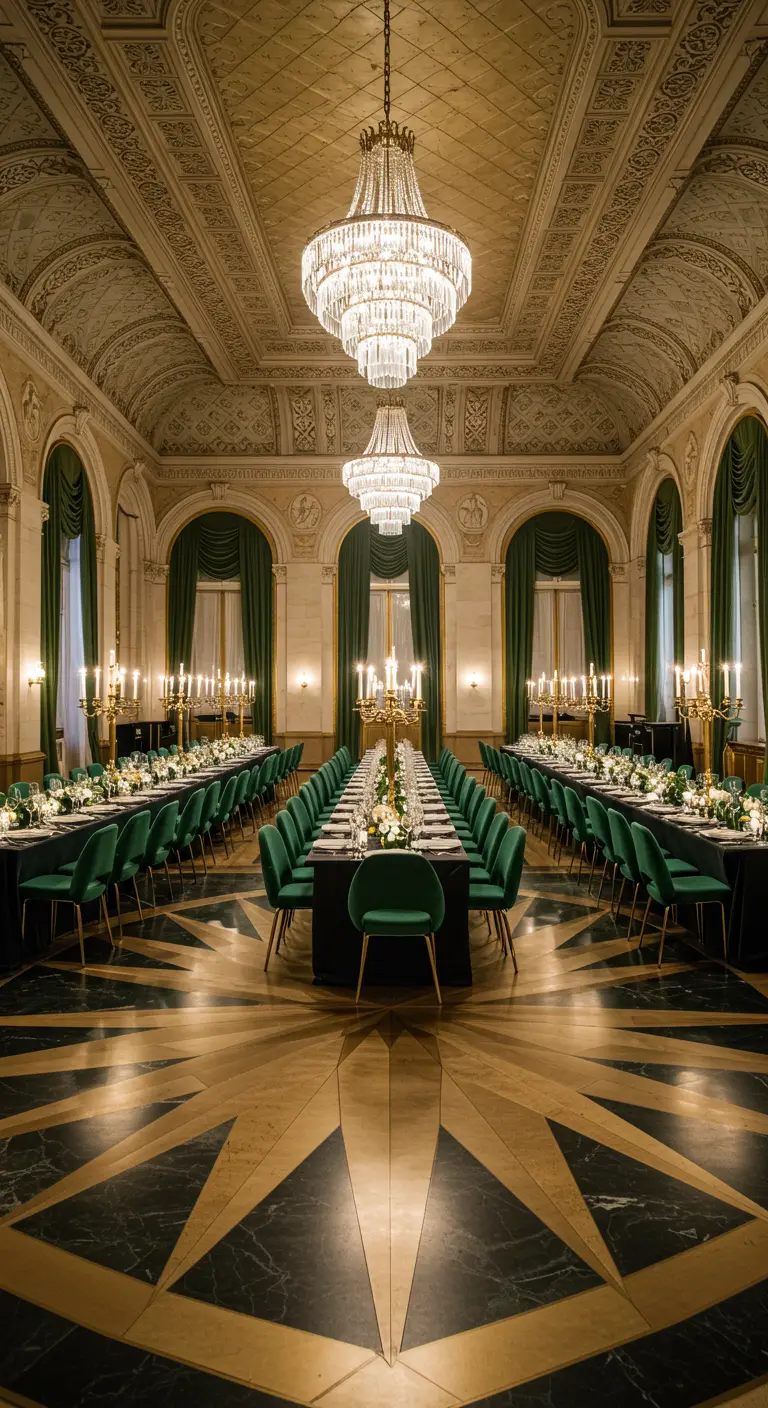 Luxe dinerzaal met lange tafels, groene stoelen en kroonluchters in art-decostijl.