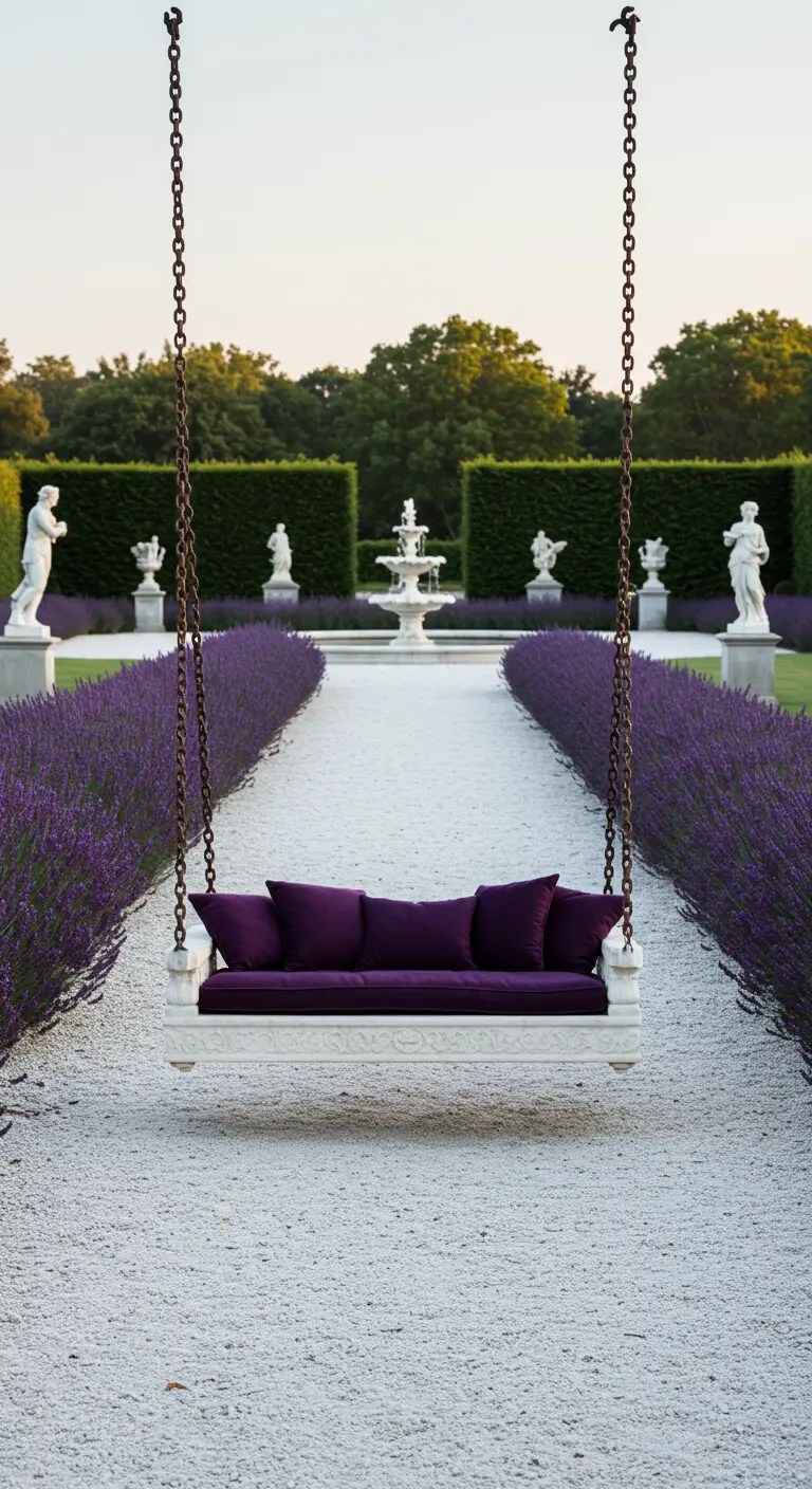 Witte schommelbank met paarse kussens op wit grindpad met lavendel, klassieke tuin op achtergrond.