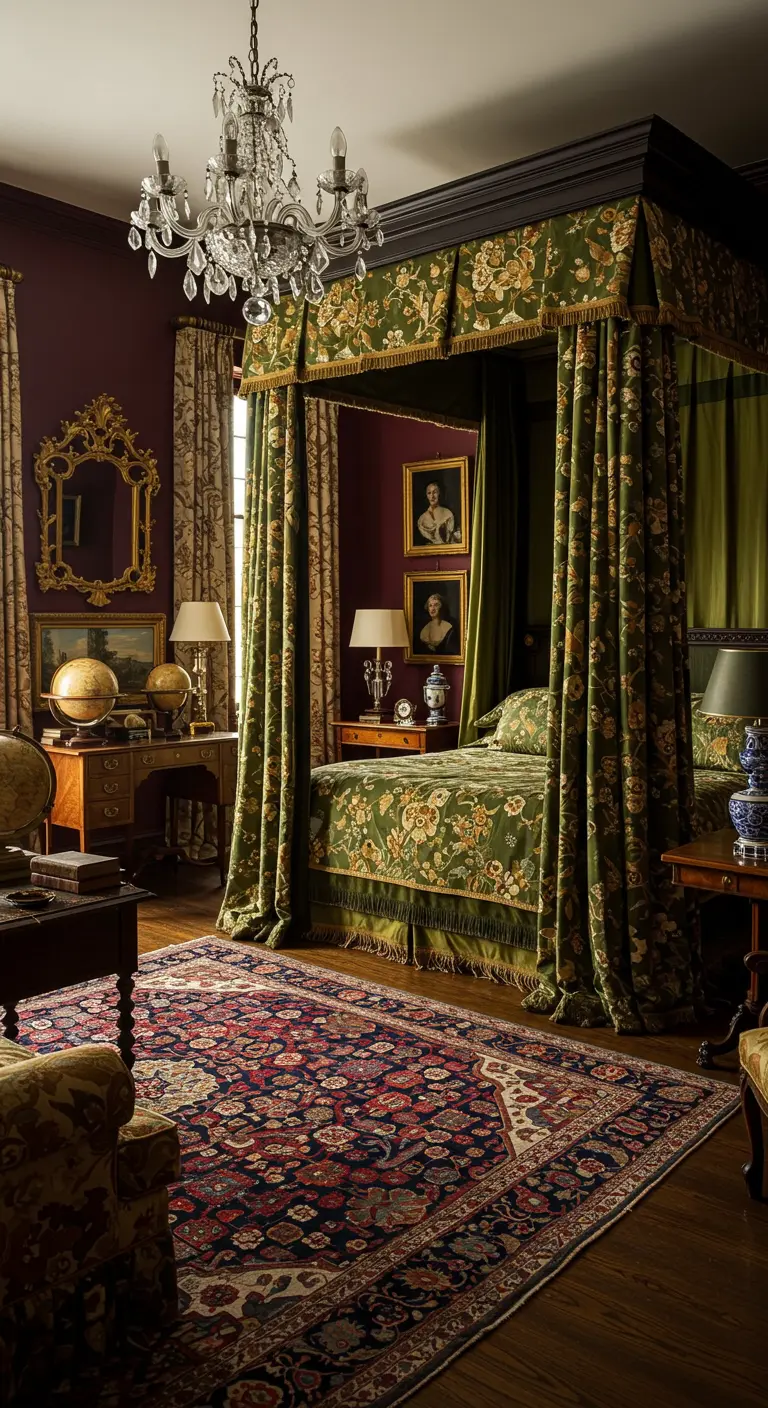Donkerrode slaapkamer met groen bloemen hemelbed, antieke meubels en Perzisch tapijt.