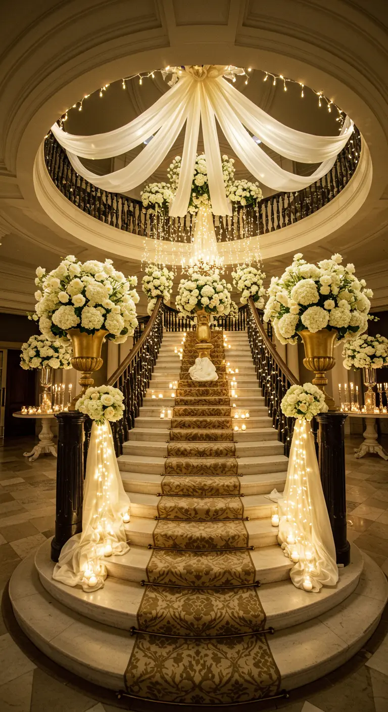 Luxe trapdecoratie met witte bloemen, stoffen draperieën en sfeervolle lichtslingers.