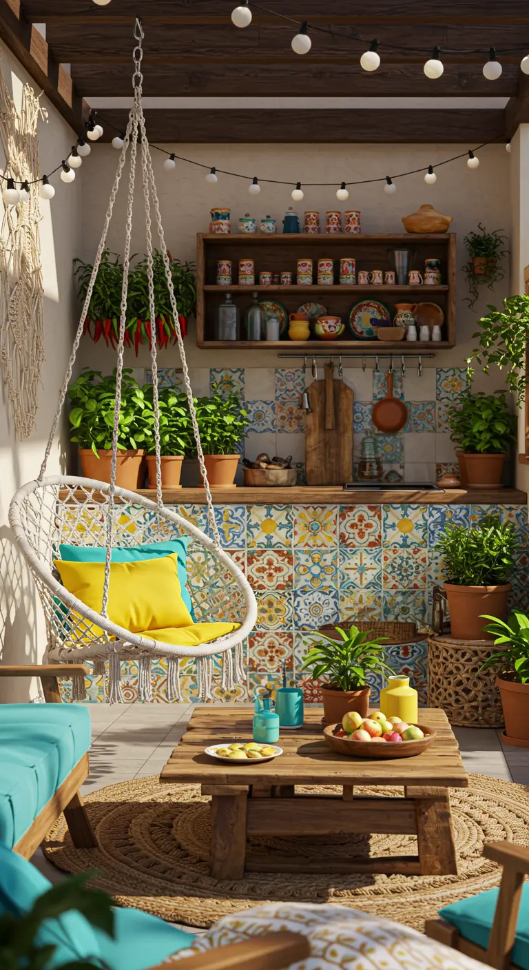 Witte macramé hangstoel bij een buitenkeuken met kleurrijke tegels en kruidenplanten.