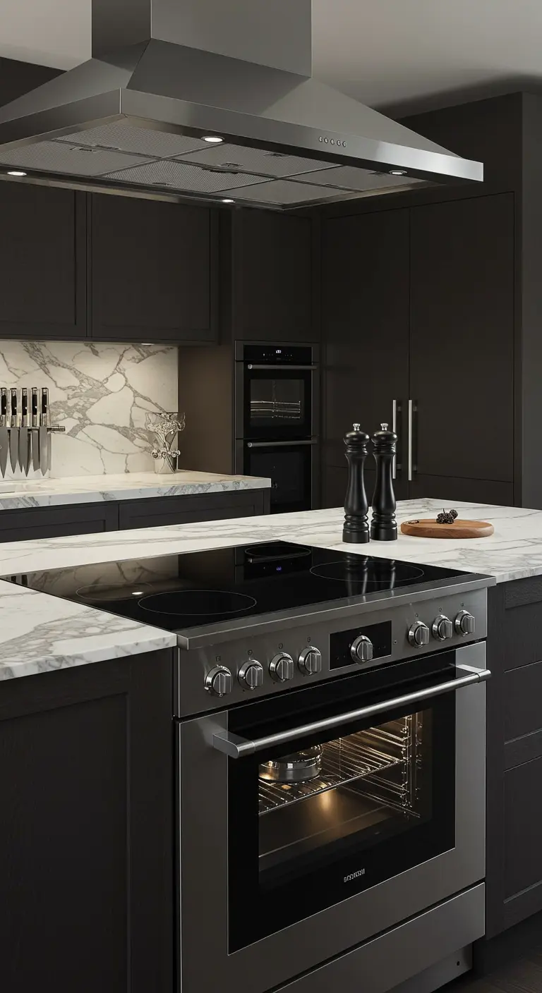 Modern donker kookeiland met RVS fornuis en wit marmeren blad.