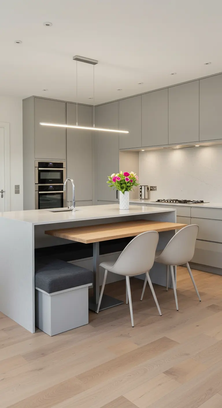 Modern kookeiland met geïntegreerde houten eettafel en grijs bankje.