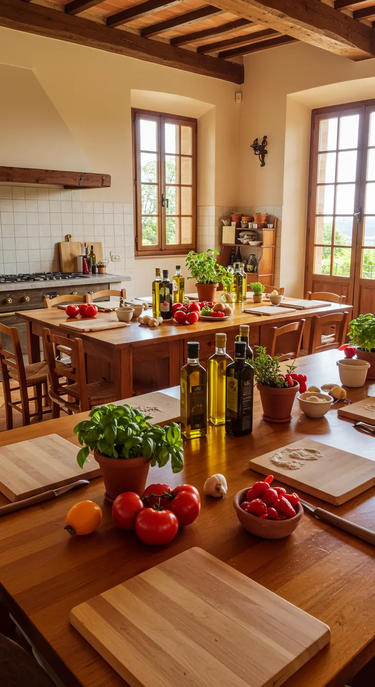 Grote keuken met houten tafels, basilicumplanten, tomaten, olijfolie en snijplanken.