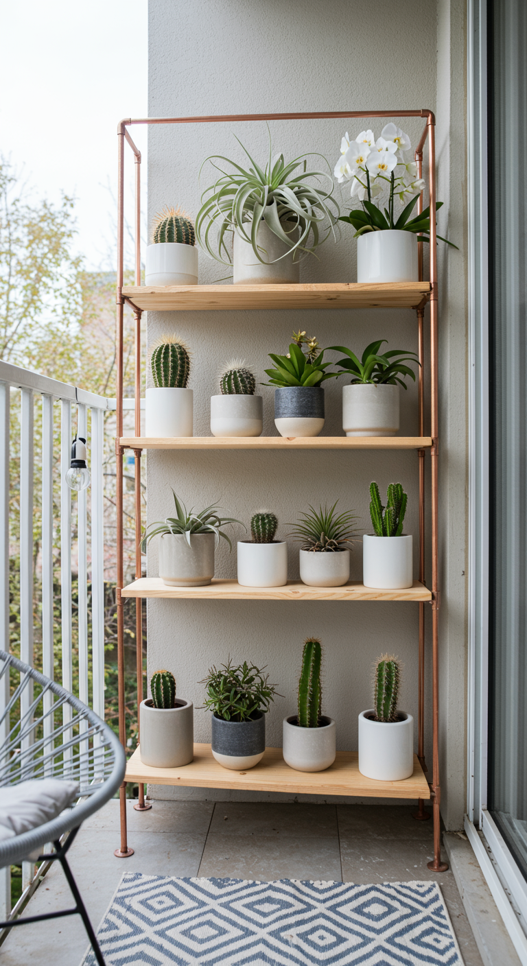 Modern plantenrek van koperen buizen en houten planken vol cactussen.
