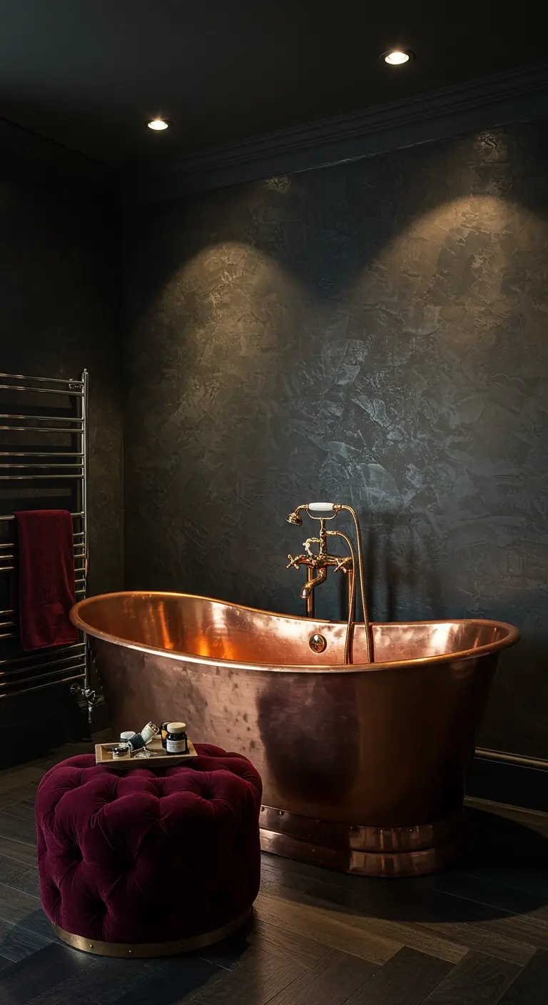 Luxe badkamer met koperen bad, donkere muren met textuur en rode fluwelen poef.