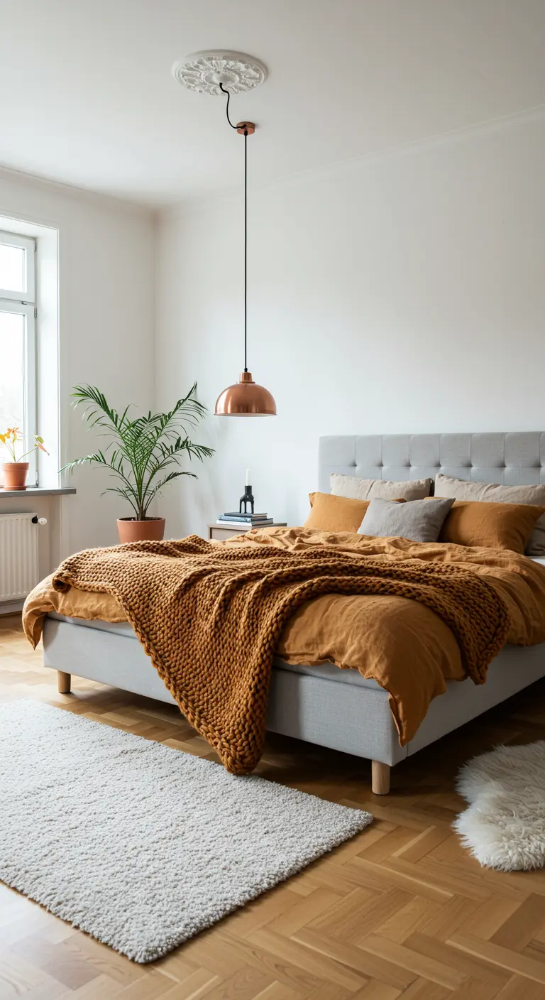 Slaapkamer met wit bed, koperen hanglamp, oranje beddengoed en groene plant.