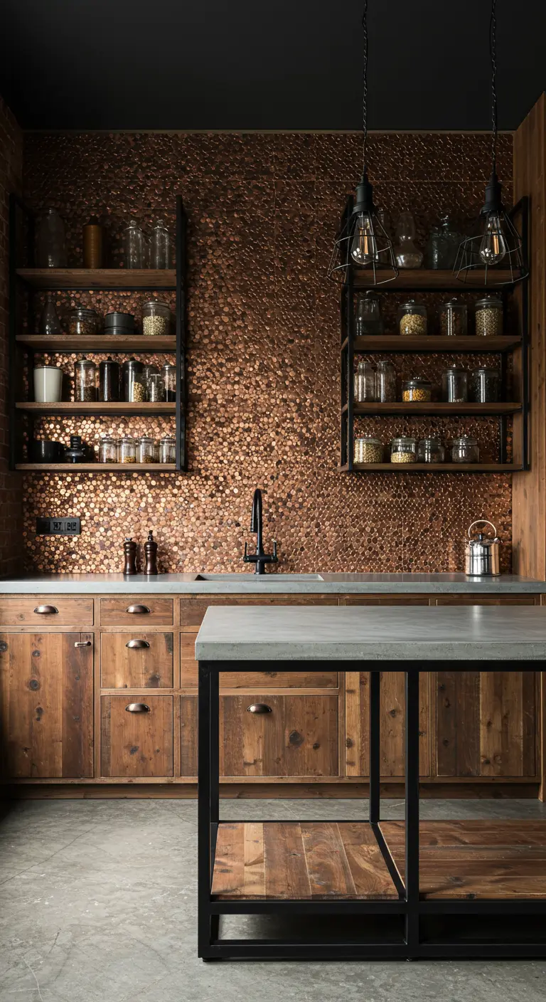 Industriële keuken met koperen munt-mozaïek backsplash, houten kasten en zwarte planken.