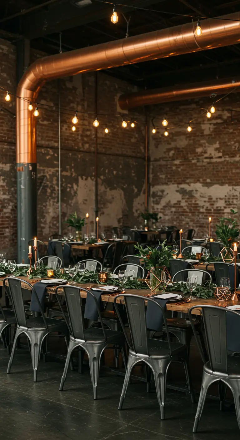 Industriële tafelsetting met metalen stoelen, houten tafel, koperen details en groene accenten.