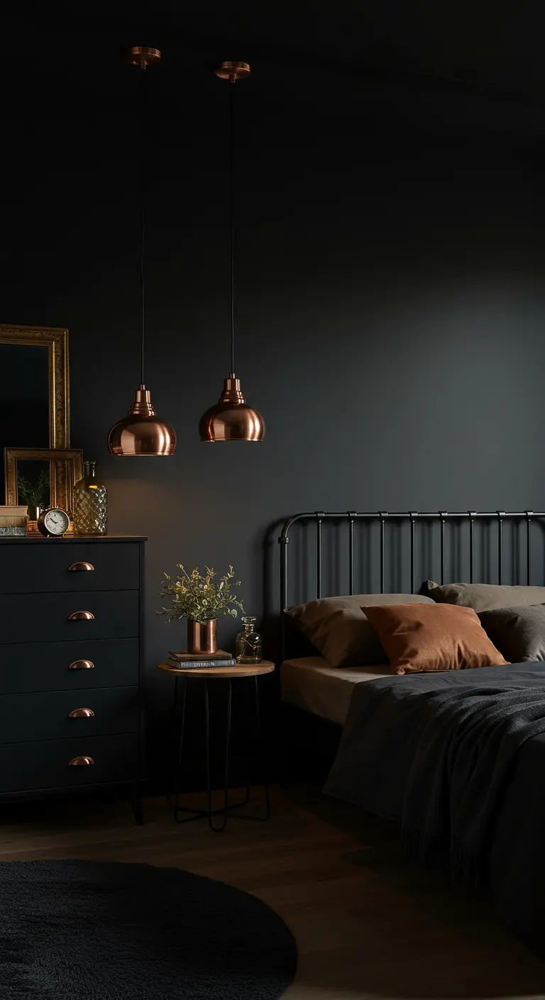 Slaapkamer met zwarte muur, zwarte ladekast en koperen hanglampen en details.