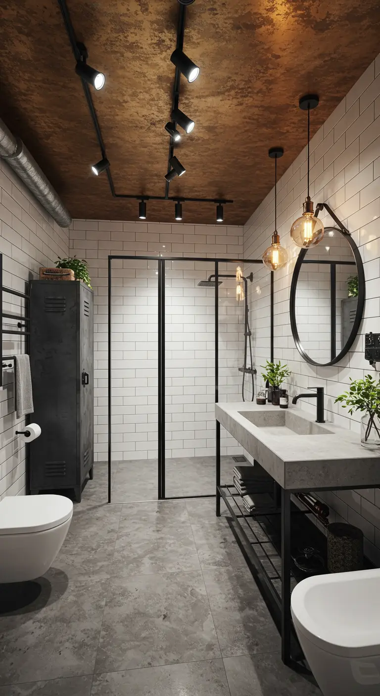 Industriële badkamer met een brons/koperkleurig plafond met textuur.