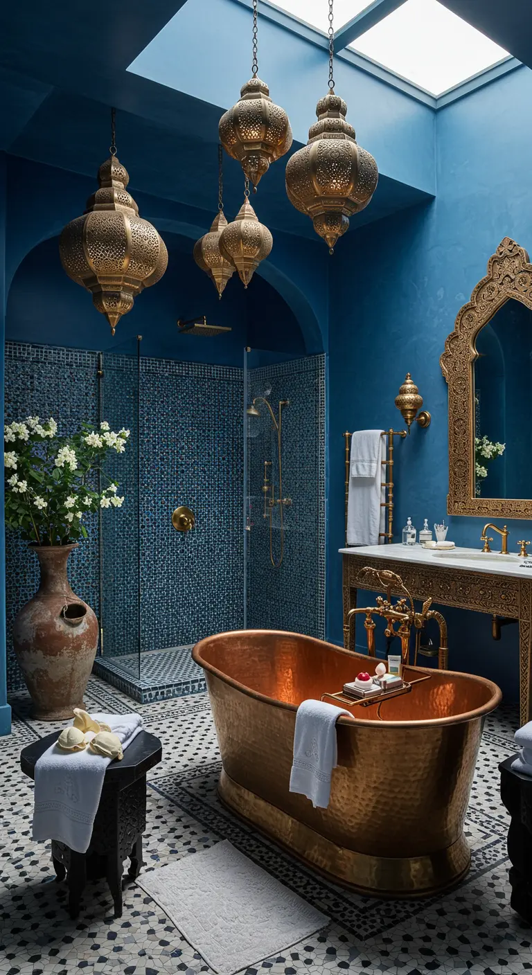 Diepblauwe Marokkaanse badkamer met koperen bad, gouden lampen en mozaïek douche