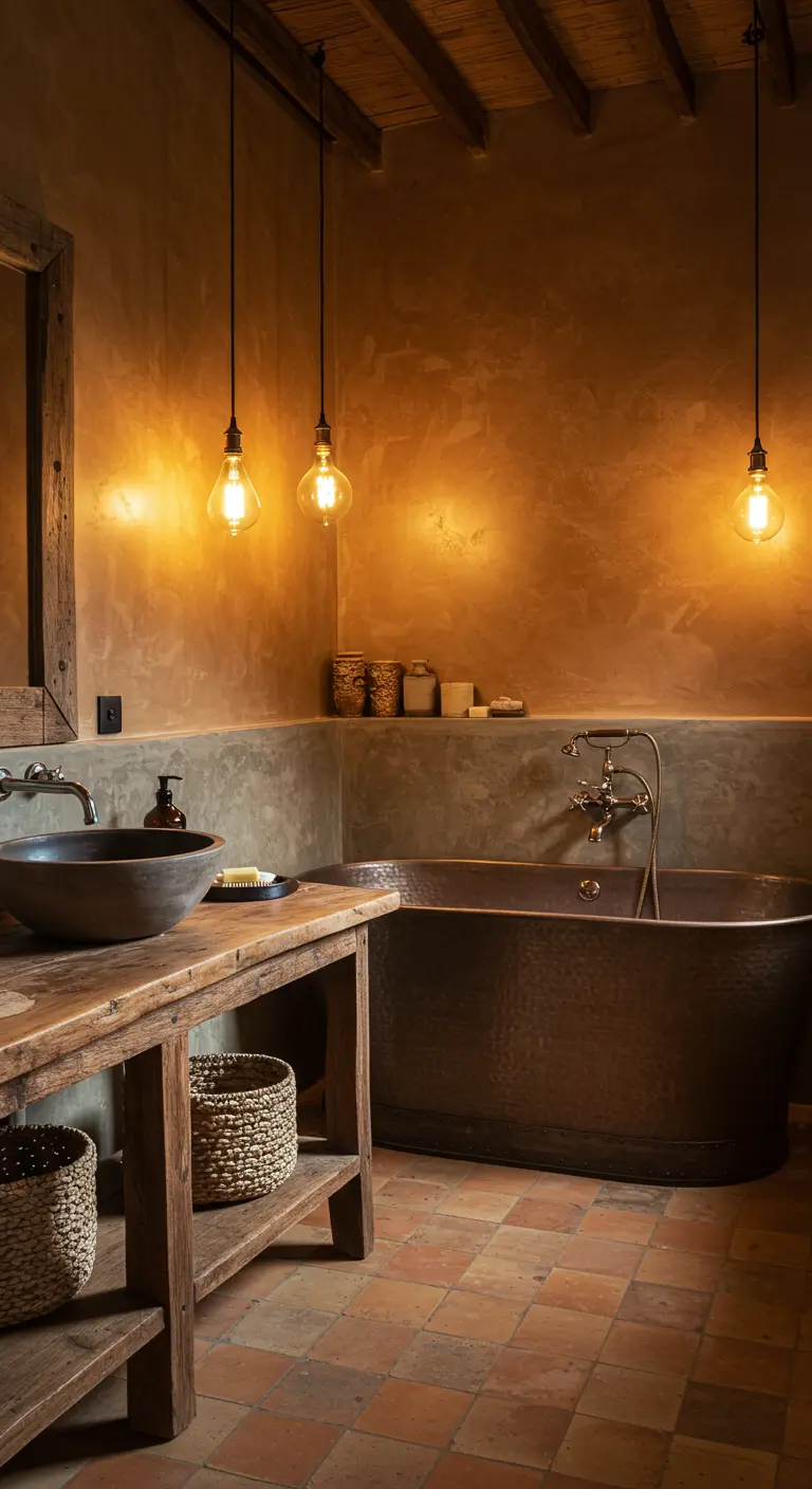 Rustieke badkamer met koperen bad, terracotta tegels en warm getinte kalkverf muren.