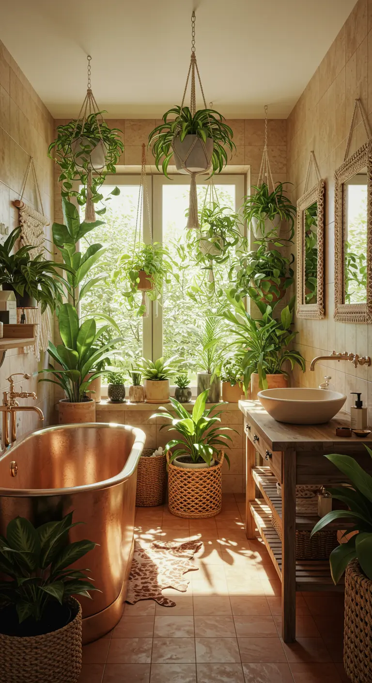 Bohemian badkamer met koperen bad, veel hangplanten en natuurlijk licht door het raam.