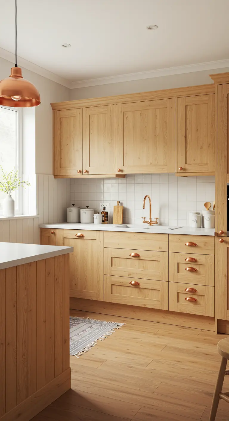 Licht eiken keuken met witte tegels, koperen grepen en koperen hanglamp.
