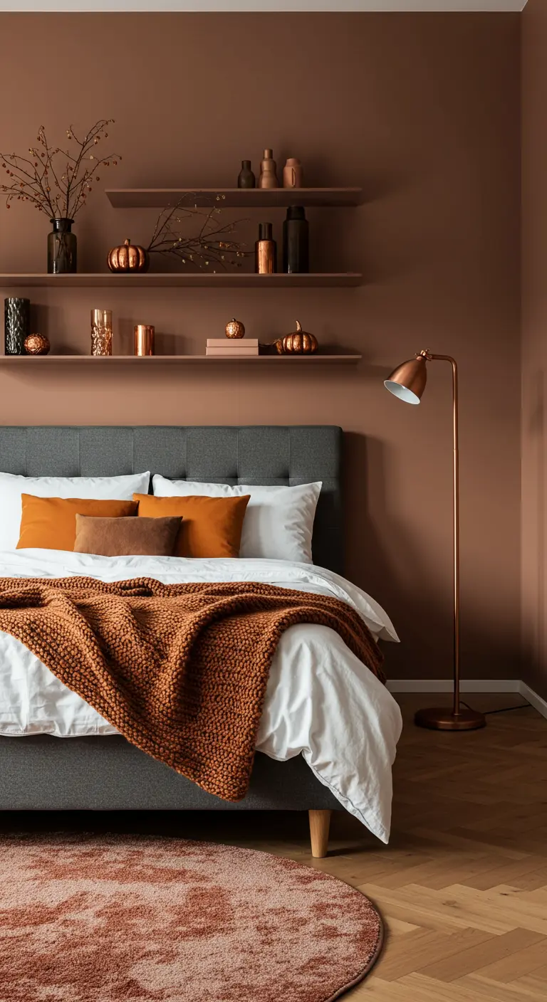 Slaapkamer met terracotta accentmuur, koperen lamp, zwevende planken en herfstdecoratie.