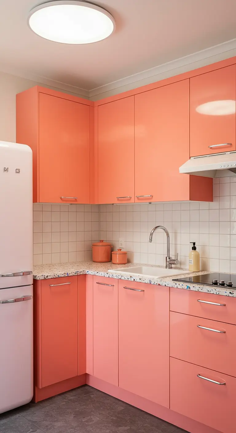 Koraalroze retro keuken met witte tegels en vintage koelkast.