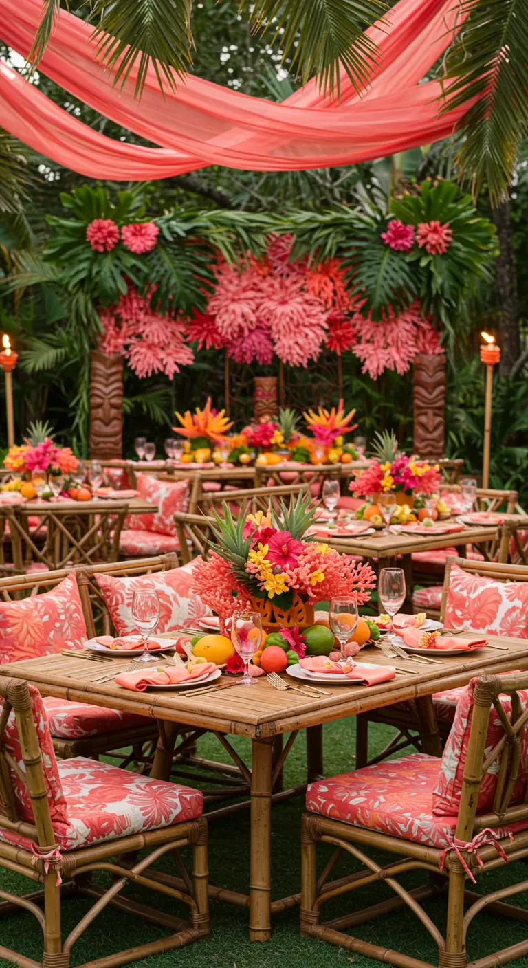Tropische feestsetting met koraalkleurige decoratie, bamboe en exotische bloemen.