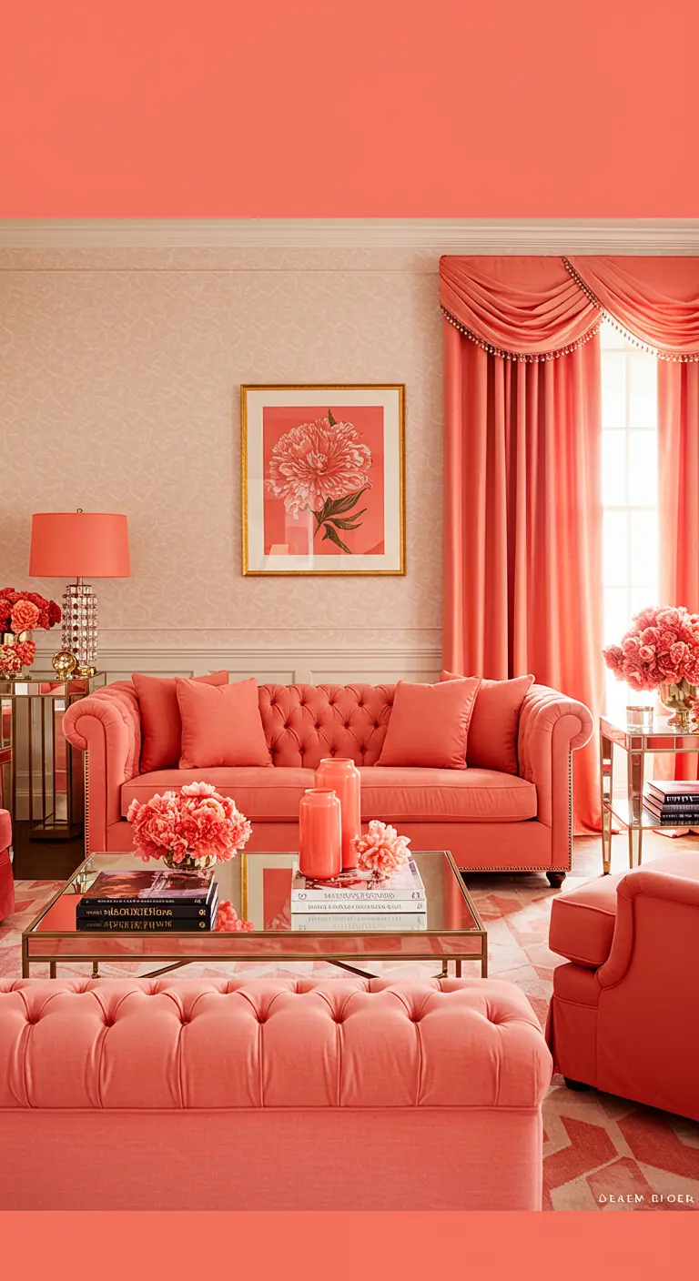 Elegante woonkamer in koraalroze, perzik en dieproze met gouden accenten.
