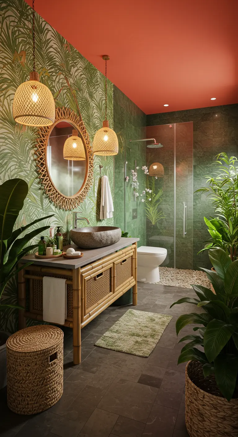 Tropische badkamer met koraalroze plafond, groene tegels en bamboe.