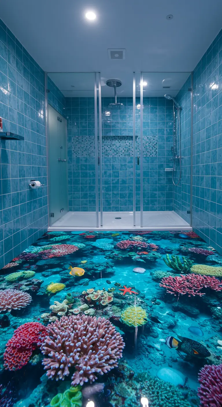 Douche met een 3D epoxyvloer die een kleurrijk koraalrif met vissen voorstelt.