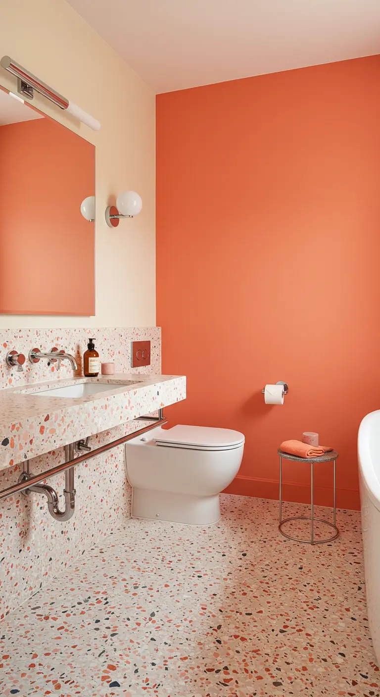 Badkamer met koraalrode accentmuur, terrazzo vloer en wastafel, en wit sanitair.
