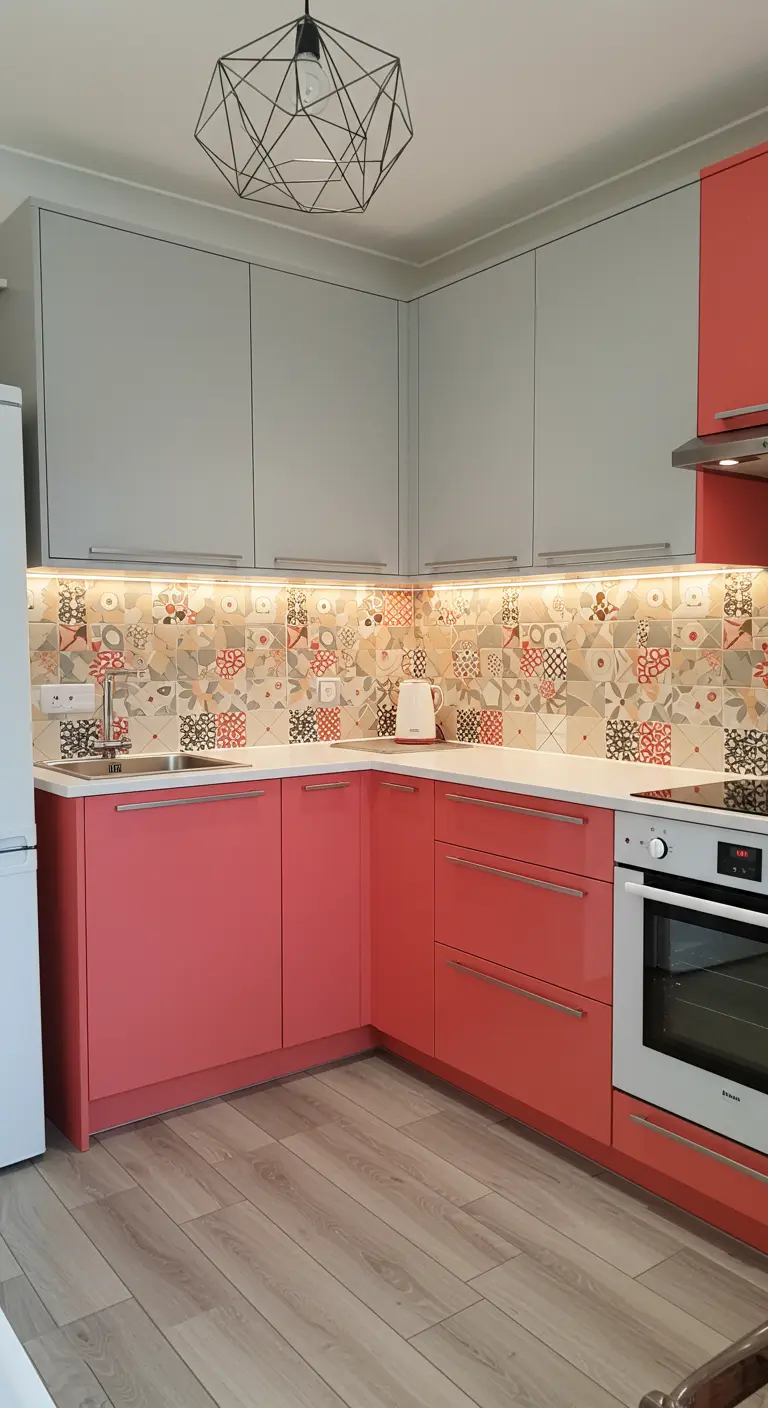Moderne keuken met koraalroze onderkasten, lichtgrijze bovenkasten en kleurrijke tegelachterwand.