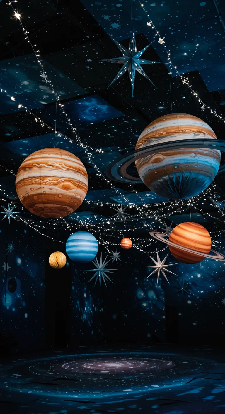 Ruimte thema decoratie met hangende papieren planeten en sterren.