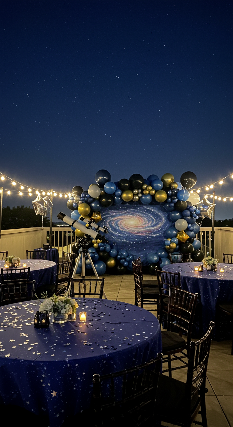 Ruimte thema feestdecoratie met ballonnen rond een sterrenstelsel backdrop.