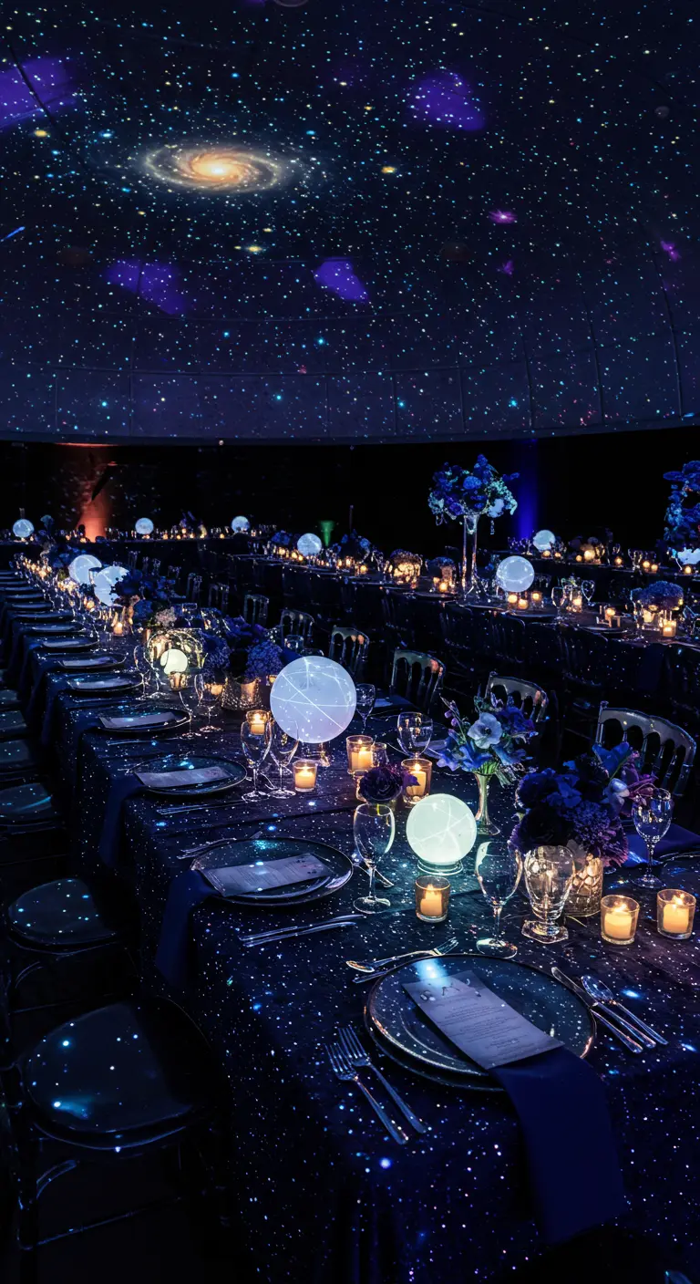 Donkere tafelsetting met sterrenprojectie op plafond, lichtgevende bollen en blauwe accenten.