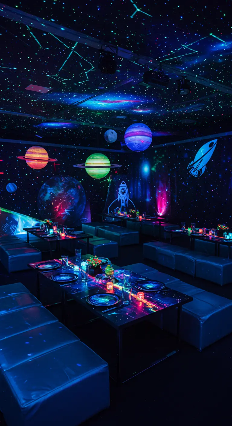 Glow-in-the-dark ruimte thema kinderverjaardag met planeten.