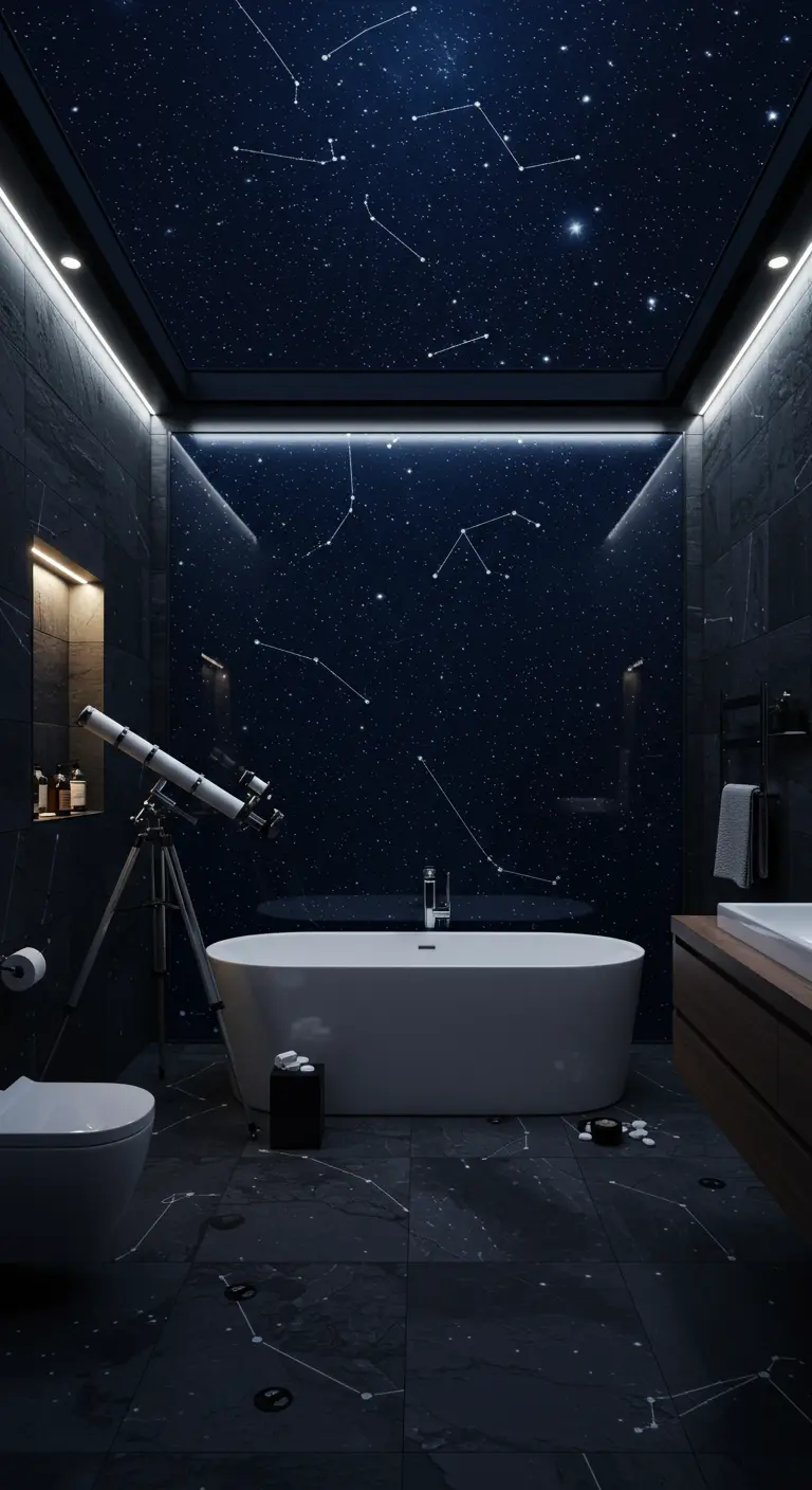 Donkere badkamer met een plafond dat een sterrenhemel voorstelt, modern wit bad en een telescoop.