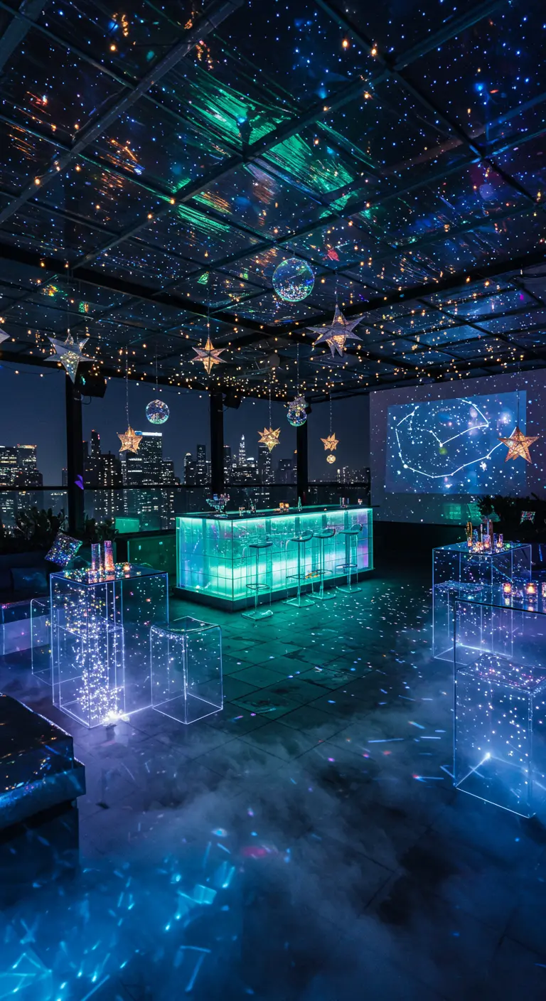 Donkere feestruimte met verlichte plexiglas bar, kubussen met lichtjes en sterrenprojecties.