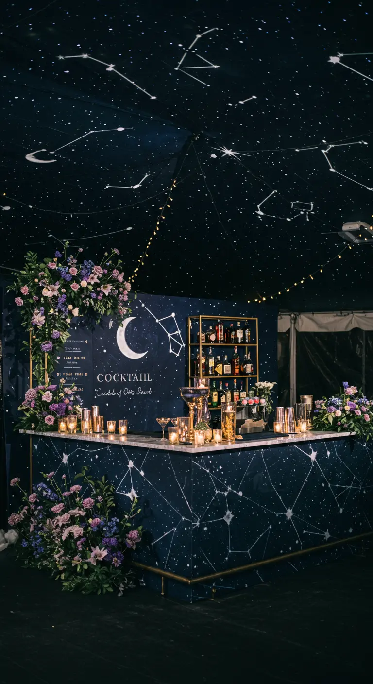Donkerblauwe bar met sterrenbeelden, gouden accenten en paars-roze bloemen.