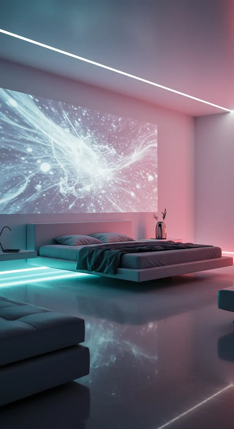 Abstracte lichtprojectie van een nevel op muur boven zwevend bed.