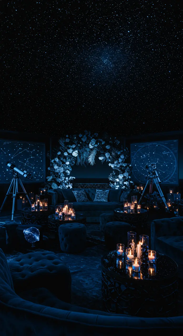 Donkere lounge met sterrenprojectie, fluwelen meubels, bloemenboog en telescopen.