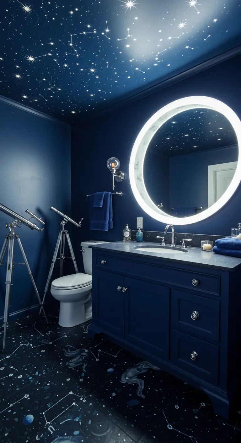 Donkerblauwe badkamer met een grote ronde spiegel met heldere ringverlichting.