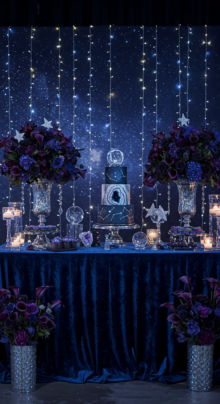 Taarttafel met nachtblauw thema, sterrenachtergrond, donkere bloemen en geode-taart.