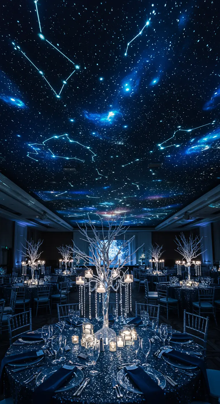 Feestzaal met sterrenhemel projectie, donkerblauwe tafels, glinsterende takken met kaarsen.