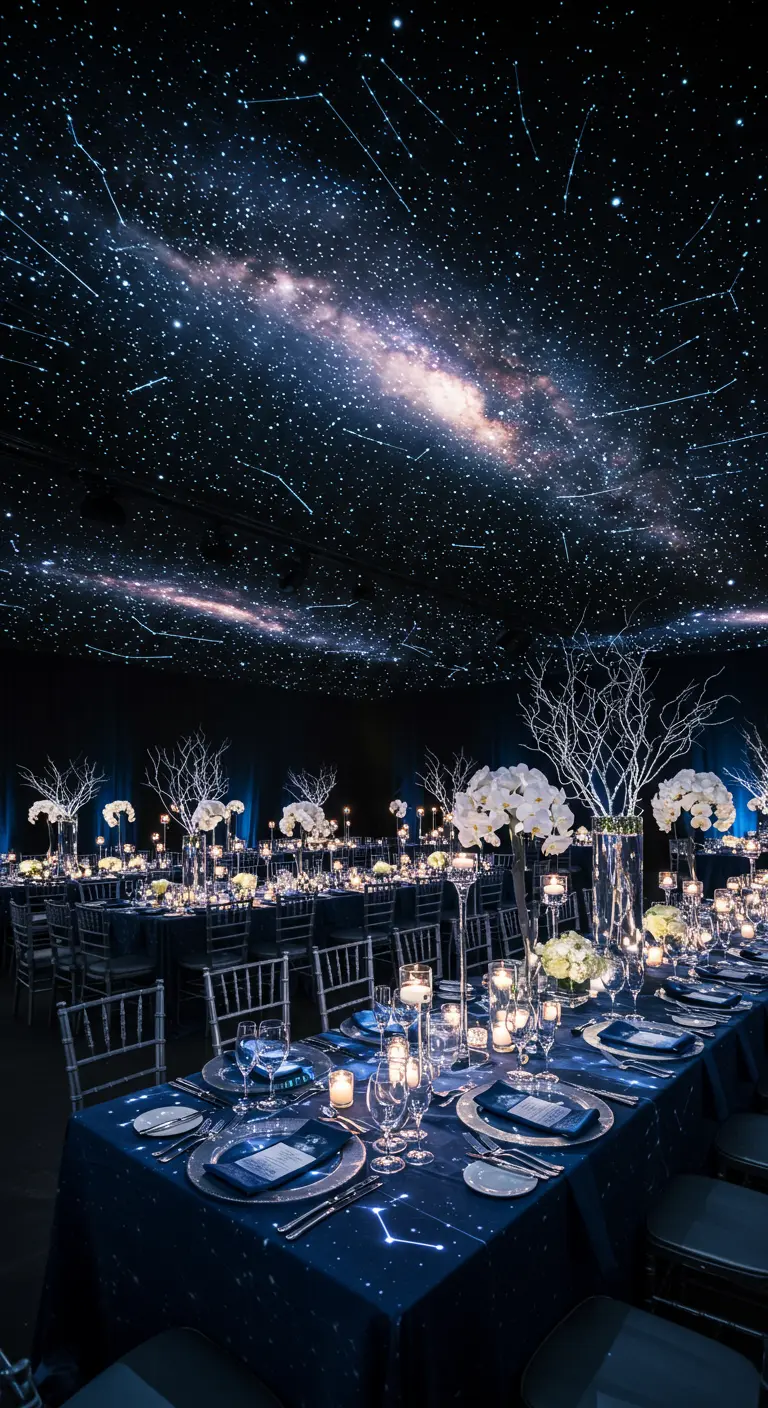 Tafelschikking bruiloft met sterrenhemelprojectie, donkerblauw en zilver, witte orchideeën.
