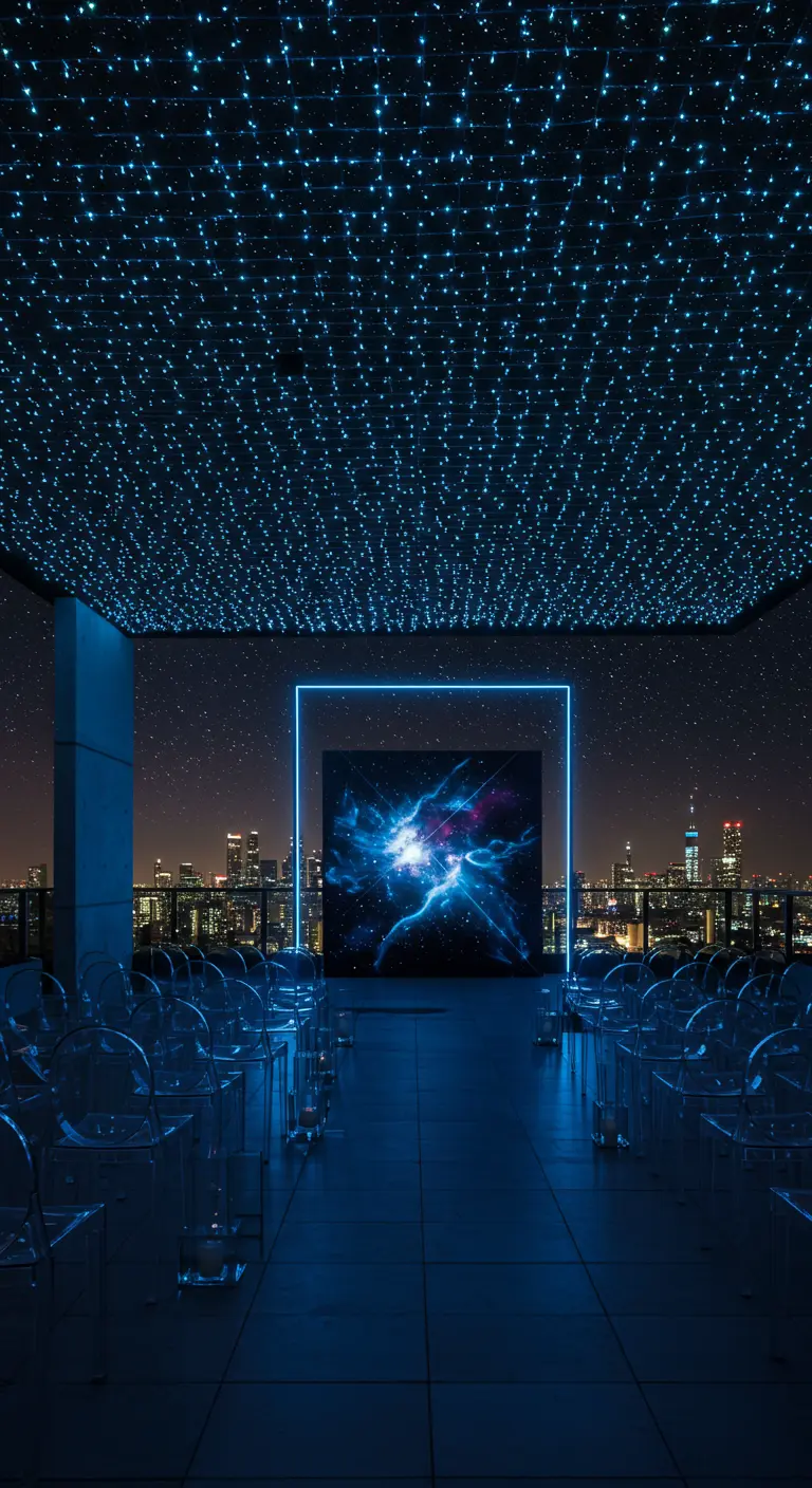 Moderne rooftop ceremonie met LED-sterrenplafond, neon frame en kosmische projectie.