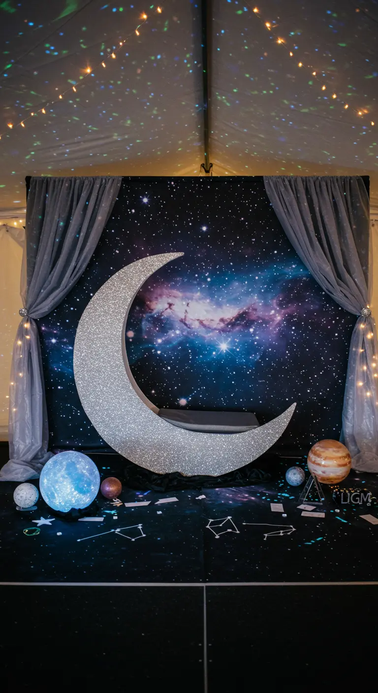 Kosmische photobooth met galaxymuur, glitterende halve maan, lichtslingers en planeten.