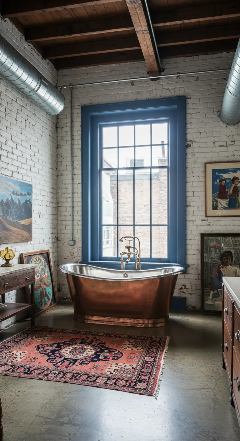 Industriële badkamer met wit bakstenen muren, een koperen bad en een groot blauw raamkozijn.