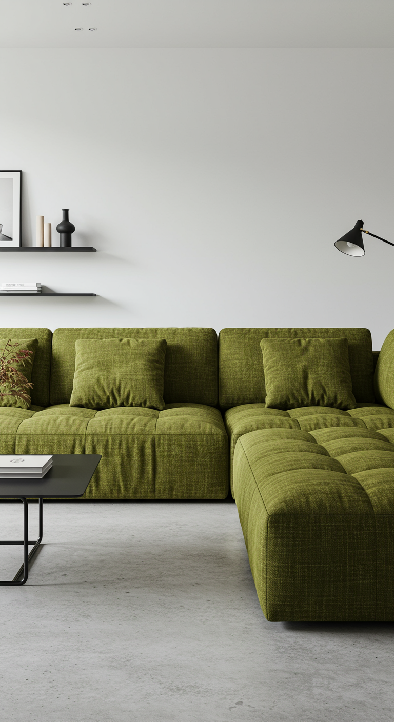 Minimalistische woonkamer met grote olijfgroene bank tegen witte muur.