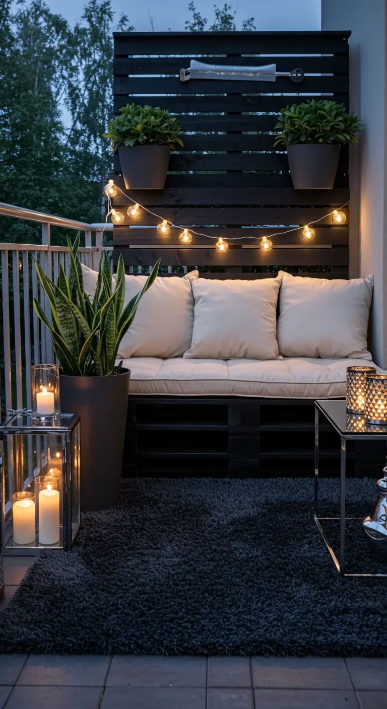 Modern zwart balkon met palletbank, witte kussens, grote Sansevieria plant en metalen lantaarns.