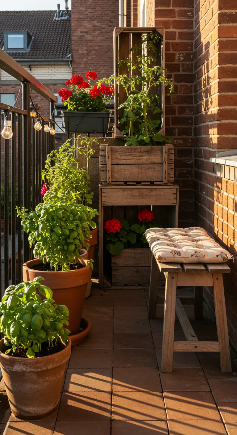 Balkon met gestapelde houten kratjes, potten met rode bloemen, basilicum en tomatenplanten.