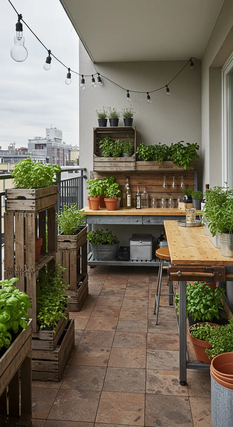 Balkon met houten kratjes vol kruiden, metalen werkbank en lichtslinger.