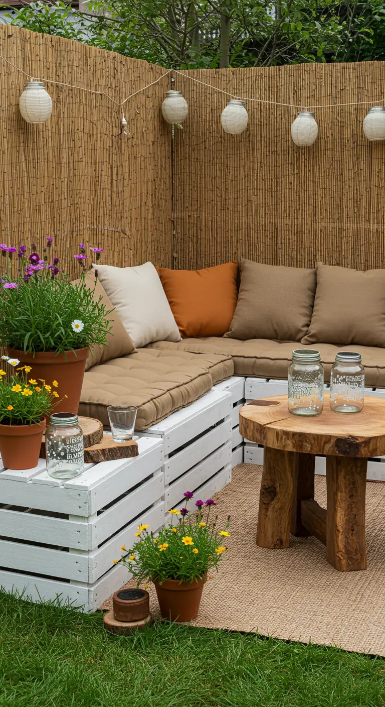 DIY loungeset van witte kratten met naturel kussens, rieten mat en lampionnen.