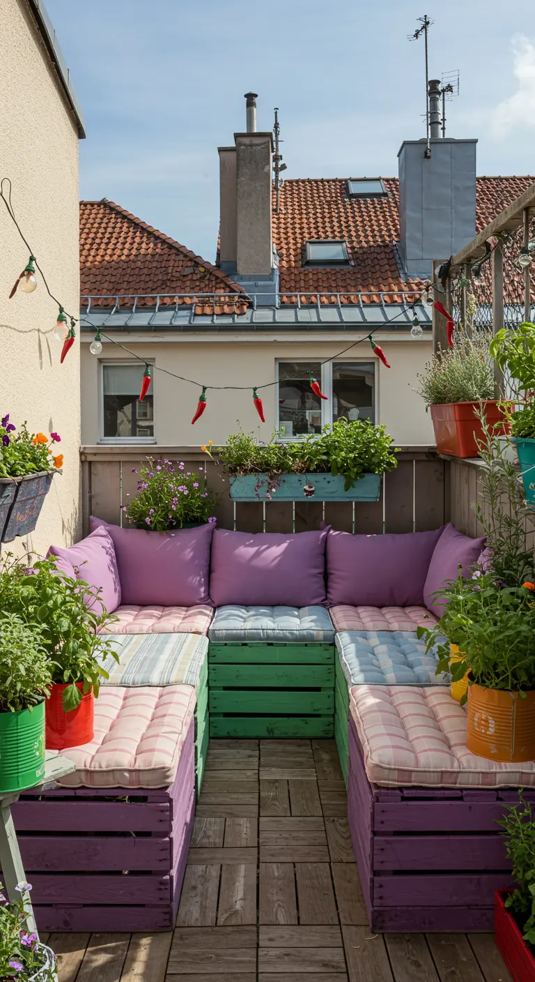 Balkonlounge gemaakt van paars en groen geverfde fruitkistjes met kussens.