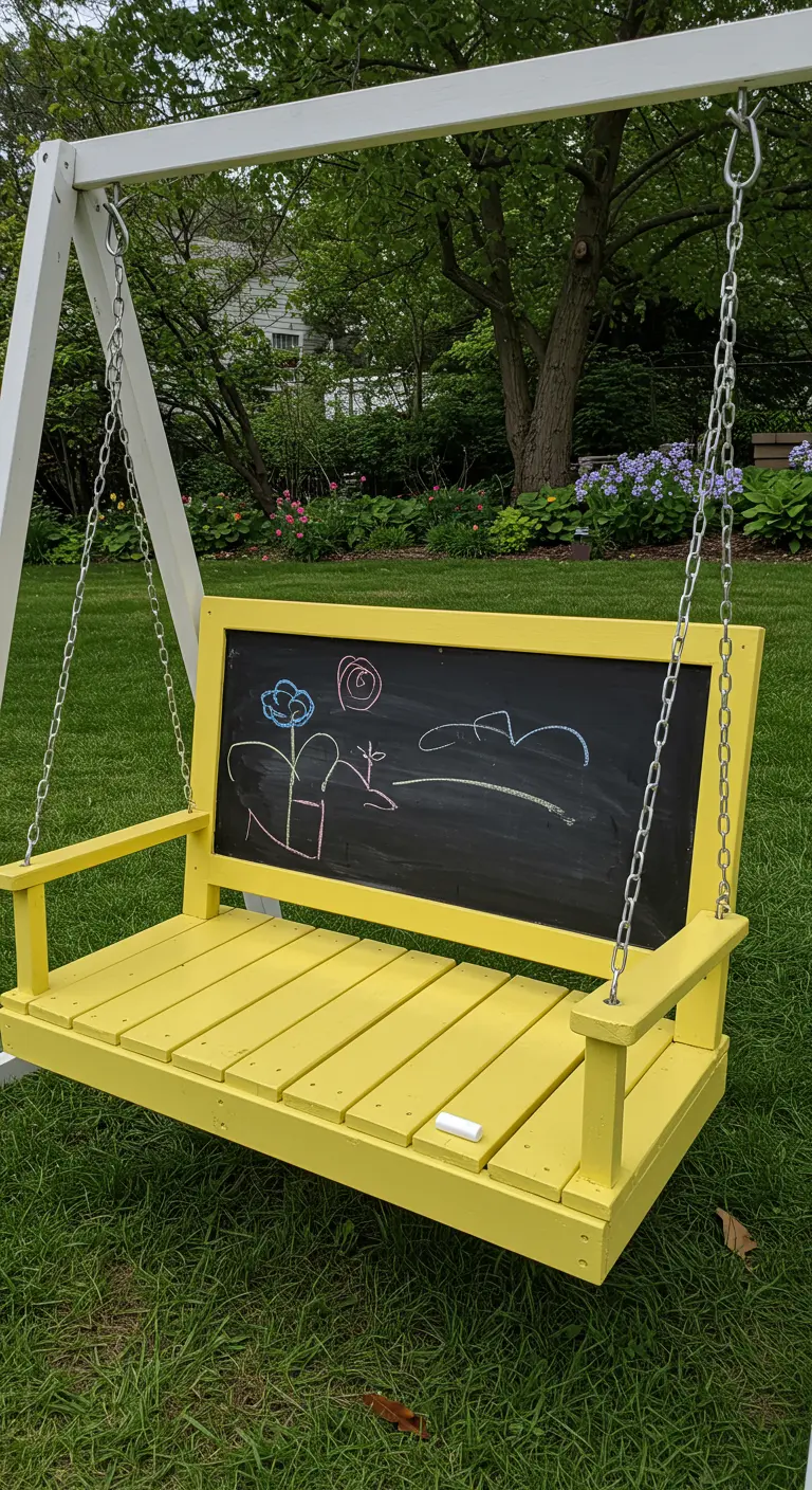 Gele houten schommelbank met een krijtbord als rugleuning, waarop getekend is.